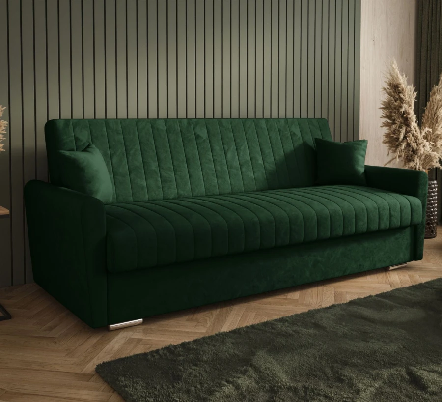 Sofa rozkładana 3-osobowa Bona welur ciemnozielony – sofa z funkcją spania
