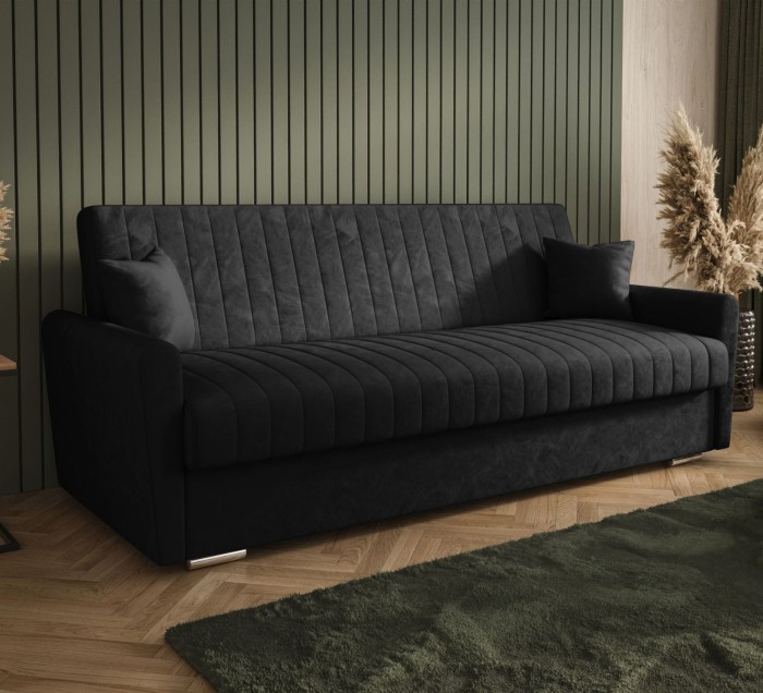 Sofa rozkładana 3-osobowa Bona welur czarny – sofa z funkcją spania