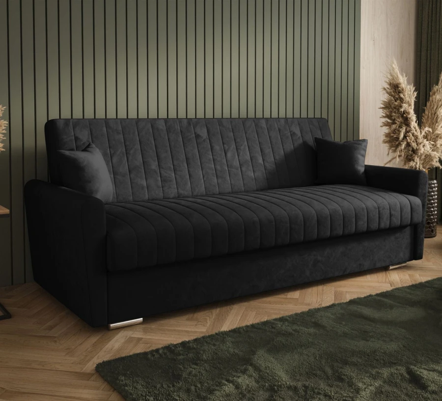 Sofa rozkładana 3-osobowa Bona welur czarny – sofa z funkcją spania