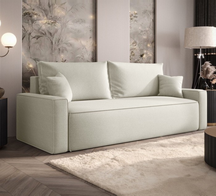 Sofa rozkładana 3-osobowa Rome jasnobeżowa – kanapa z funkcją spania i pojemnikiem, tkanina plecionka