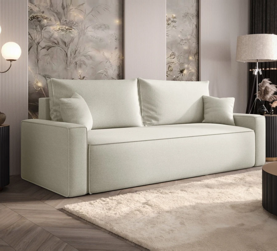 Sofa rozkładana 3-osobowa Rome jasnobeżowa – kanapa z funkcją spania i pojemnikiem, tkanina plecionka