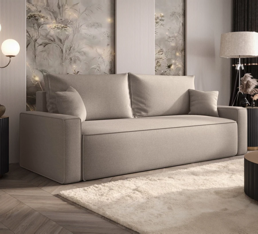 Sofa rozkładana 3-osobowa Rome ciemnobeżowa – kanapa z funkcją spania i pojemnikiem, tkanina plecionka