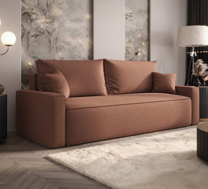 Sofa rozkładana 3-osobowa Rome miedziana – kanapa z funkcją spania i pojemnikiem, tkanina plecionka