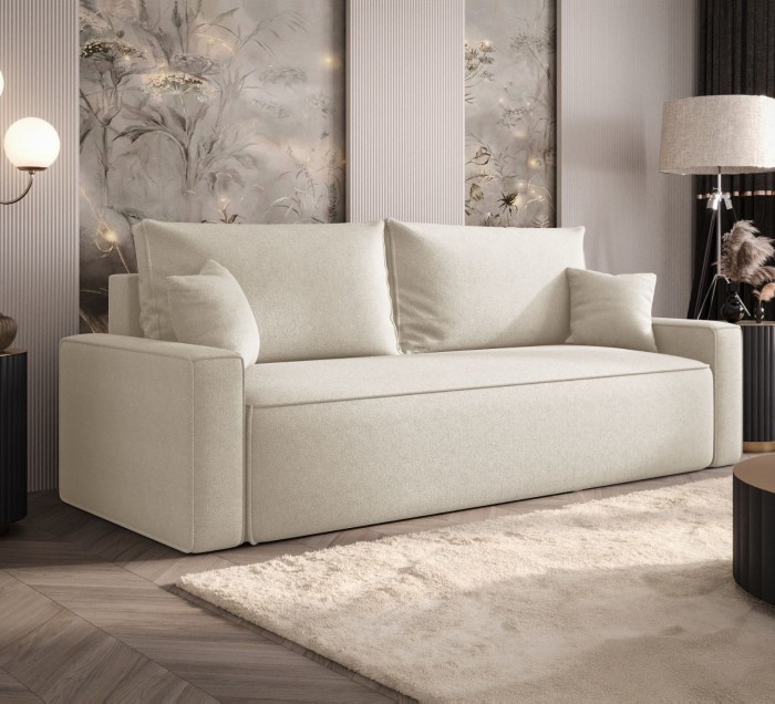 Sofa rozkładana 3-osobowa Rome jasnobeżowa – kanapa z funkcją spania i pojemnikiem, tkanina boucle