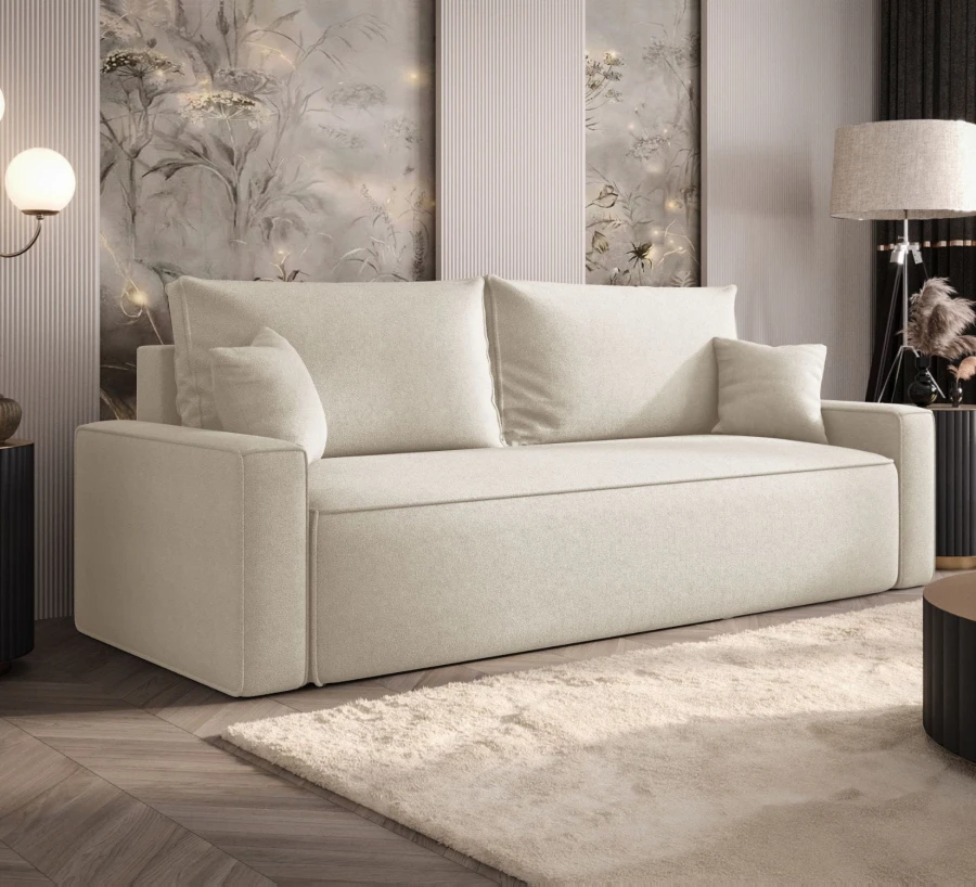Sofa rozkładana 3-osobowa Rome jasnobeżowa – kanapa z funkcją spania i pojemnikiem, tkanina boucle