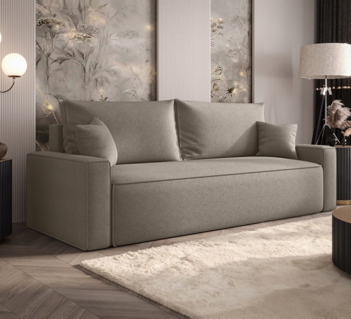 Sofa rozkładana 3-osobowa Rome ciemnobeżowa – kanapa z funkcją spania i pojemnikiem, tkanina boucle