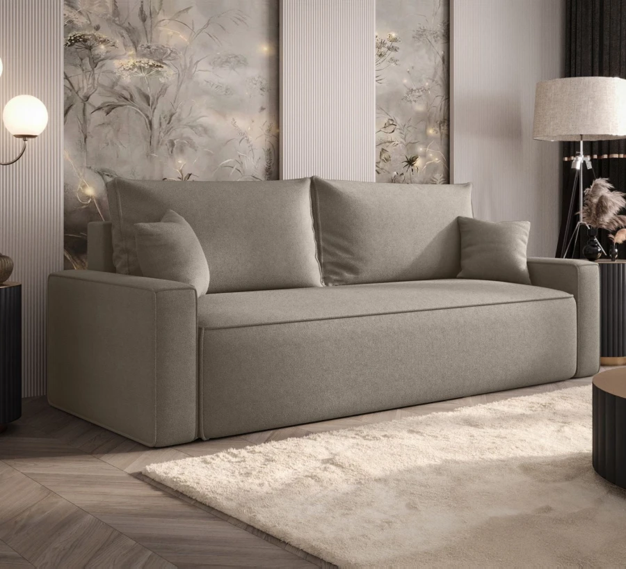 Sofa rozkładana 3-osobowa Rome ciemnobeżowa – kanapa z funkcją spania i pojemnikiem, tkanina boucle
