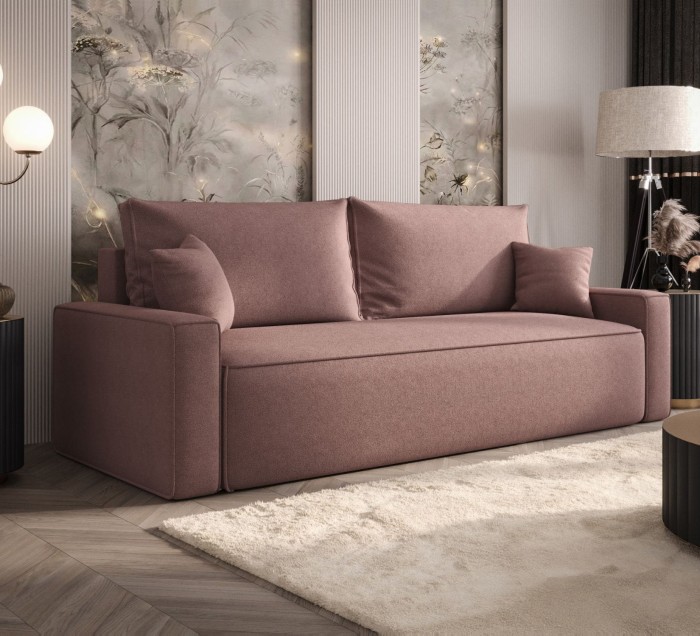 Sofa rozkładana 3-osobowa Rome brudny róż – kanapa z funkcją spania i pojemnikiem, tkanina boucle