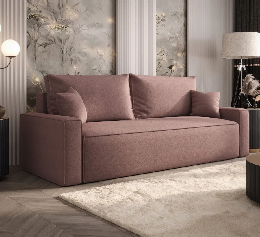 Sofa rozkładana 3-osobowa Rome brudny róż – kanapa z funkcją spania i pojemnikiem, tkanina boucle