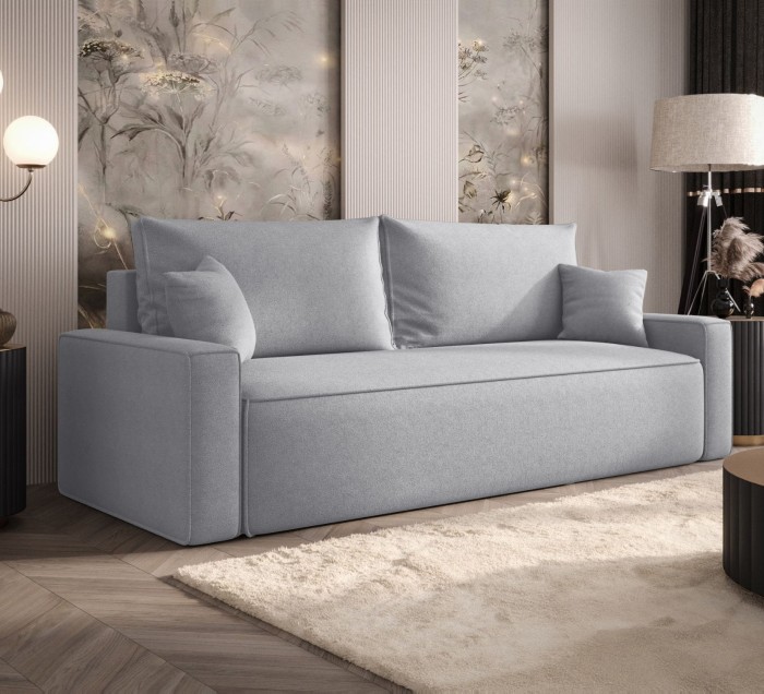 Sofa rozkładana 3-osobowa Rome jasnoszara – kanapa z funkcją spania i pojemnikiem, tkanina boucle
