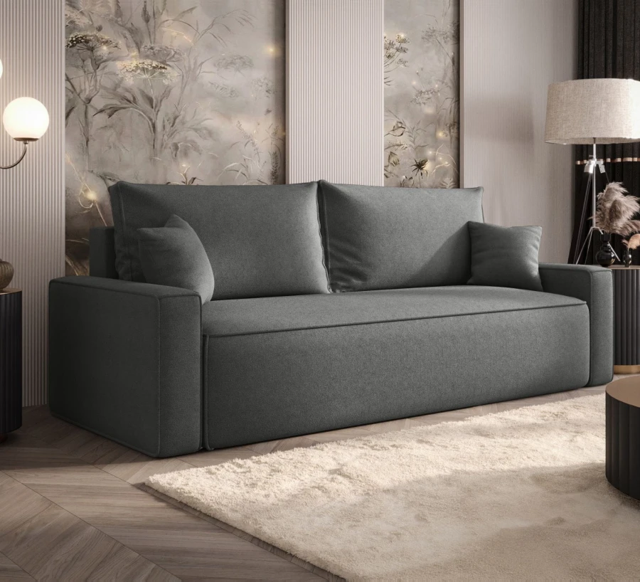 Sofa rozkładana 3-osobowa Rome ciemnoszara – kanapa z funkcją spania i pojemnikiem, tkanina boucle