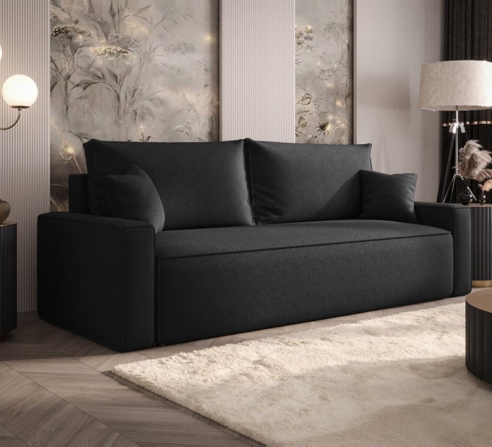 Sofa rozkładana 3-osobowa Rome czarna – kanapa z funkcją spania i pojemnikiem, tkanina boucle