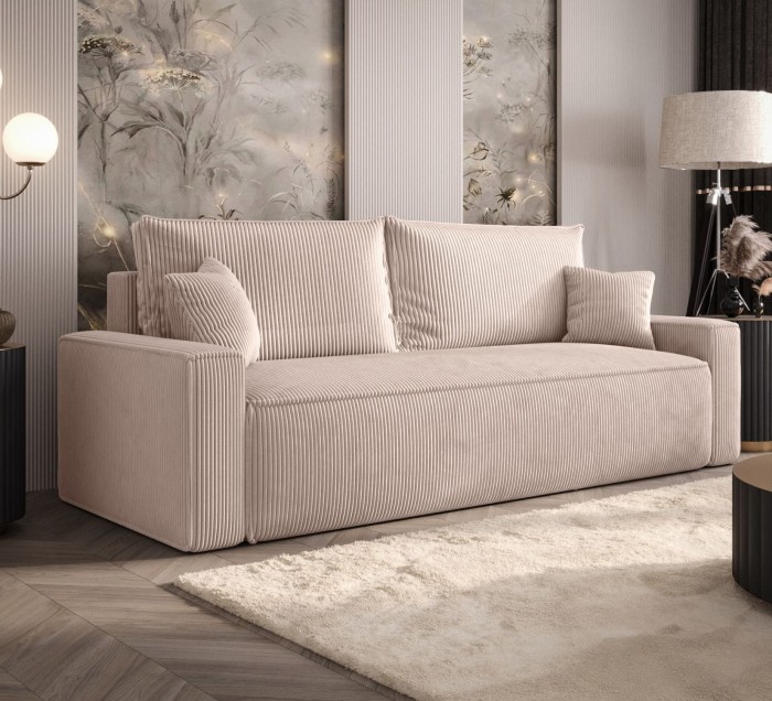 Sofa rozkładana 3-osobowa Rome beżowa – kanapa z funkcją spania i pojemnikiem, tkanina sztruks
