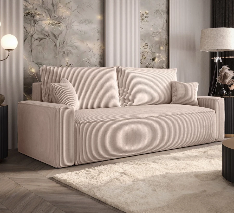 Sofa rozkładana 3-osobowa Rome beżowa – kanapa z funkcją spania i pojemnikiem, tkanina sztruks