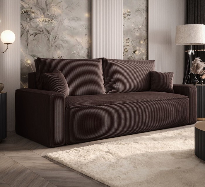 Sofa rozkładana 3-osobowa Rome ciemnobrązowa – kanapa z funkcją spania i pojemnikiem, tkanina sztruks