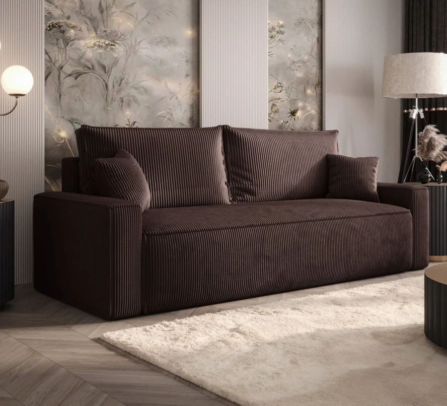 Sofa rozkładana 3-osobowa Rome ciemnobrązowa – kanapa z funkcją spania i pojemnikiem, tkanina sztruks