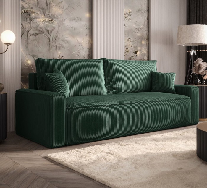 Sofa rozkładana 3-osobowa Rome ciemnozielona – kanapa z funkcją spania i pojemnikiem, tkanina sztruks