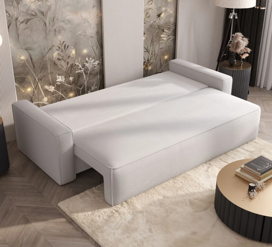 Sofa Rome po rozłożeniu – wygodne łóżko do codziennego spania z pojemnikiem