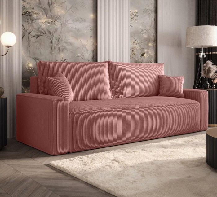 Sofa rozkładana 3-osobowa Rome łososiowa  – kanapa z funkcją spania i pojemnikiem, tkanina sztruks