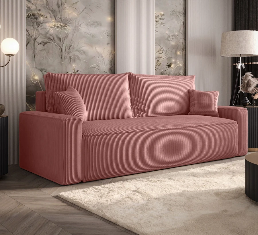 Sofa rozkładana 3-osobowa Rome łososiowa  – kanapa z funkcją spania i pojemnikiem, tkanina sztruks