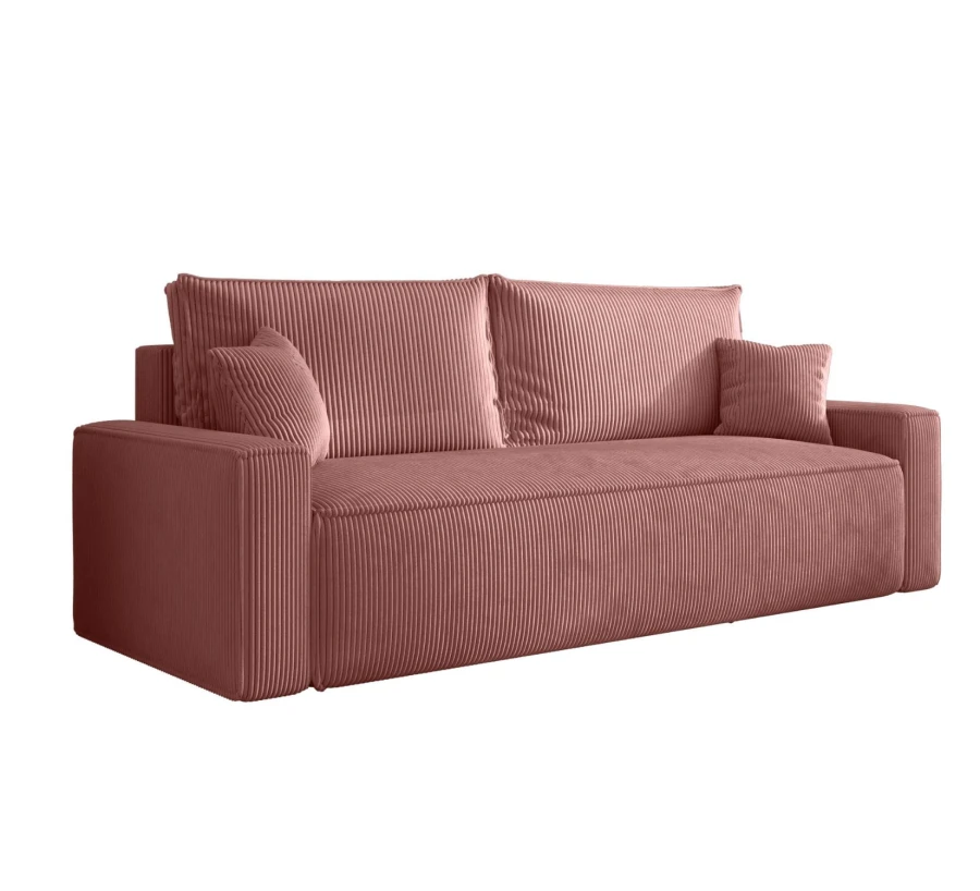 Sofa rozkładana 3-osobowa Rome łososiowa  – kanapa z funkcją spania i pojemnikiem, tkanina sztruks