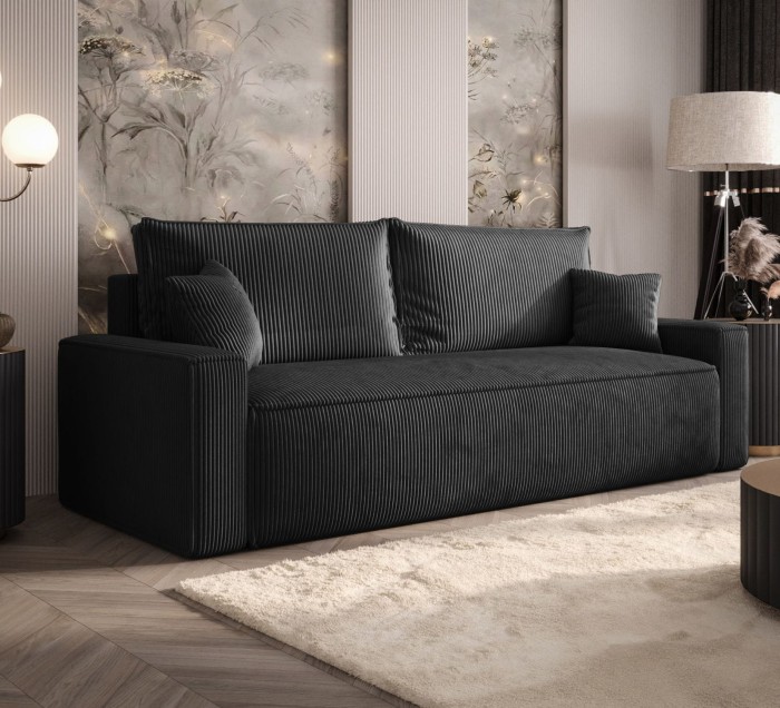 Sofa rozkładana 3-osobowa Rome ciemnoszara – kanapa z funkcją spania i pojemnikiem, tkanina sztruks