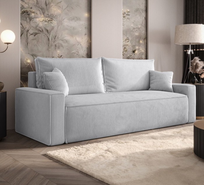 Sofa rozkładana 3-osobowa Rome szara  – kanapa z funkcją spania i pojemnikiem, tkanina sztruks