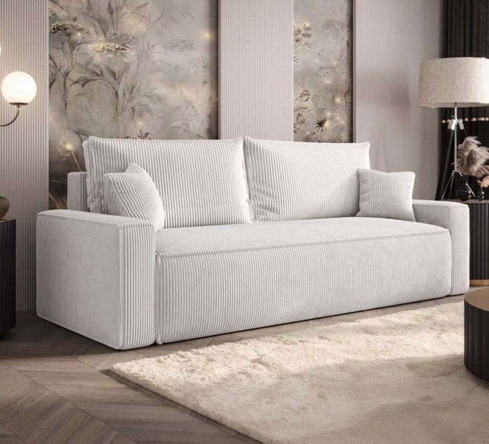 Sofa rozkładana 3-osobowa Rome kremowa – kanapa z funkcją spania i pojemnikiem, tkanina sztruks