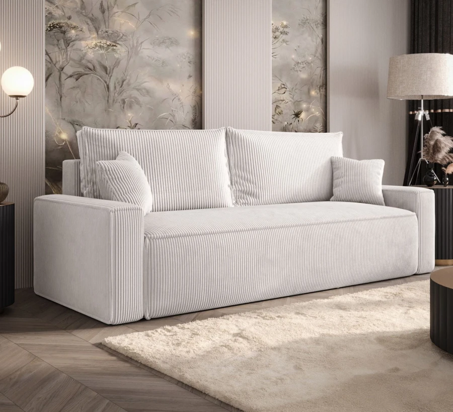 Sofa rozkładana 3-osobowa Rome kremowa – kanapa z funkcją spania i pojemnikiem, tkanina sztruks