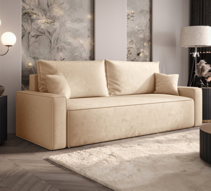 Sofa rozkładana 3-osobowa Rome jasnobeżowa – kanapa z funkcją spania i pojemnikiem, tkanina welur
