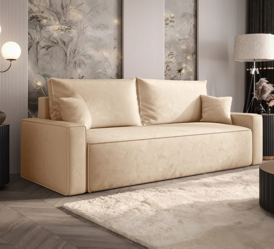 Sofa rozkładana 3-osobowa Rome jasnobeżowa – kanapa z funkcją spania i pojemnikiem, tkanina welur