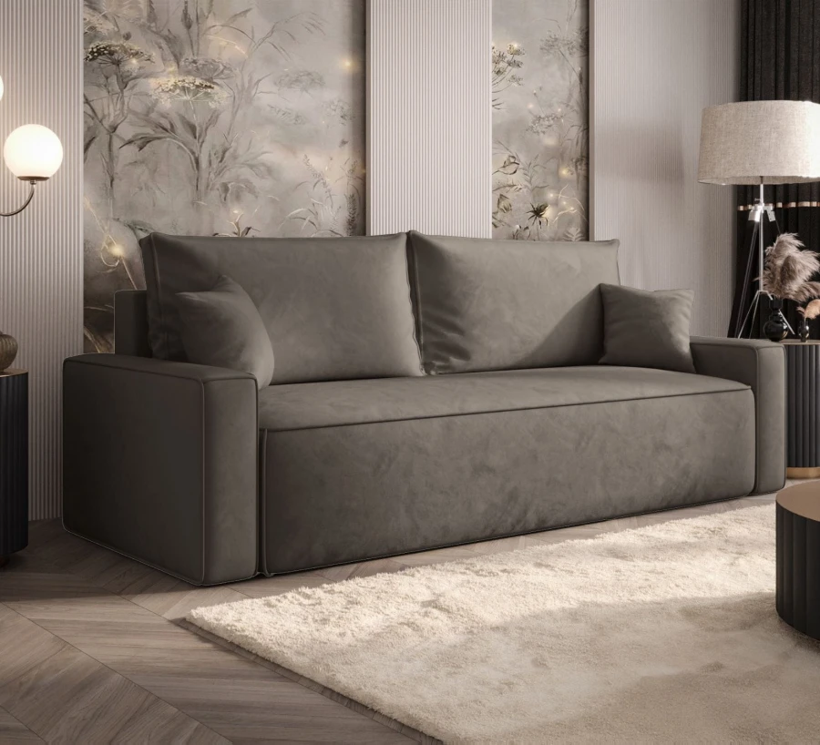 Sofa rozkładana 3-osobowa Rome brązowa – kanapa z funkcją spania i pojemnikiem, tkanina welur