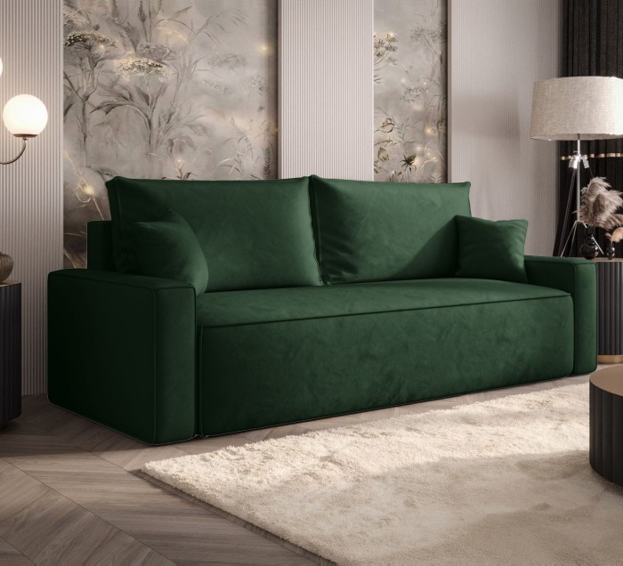 Sofa rozkładana 3-osobowa Rome ciemnozielona – kanapa z funkcją spania i pojemnikiem, tkanina welur
