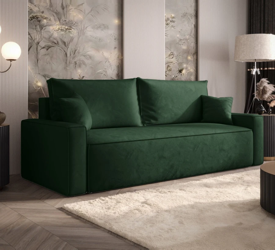Sofa rozkładana 3-osobowa Rome ciemnozielona – kanapa z funkcją spania i pojemnikiem, tkanina welur
