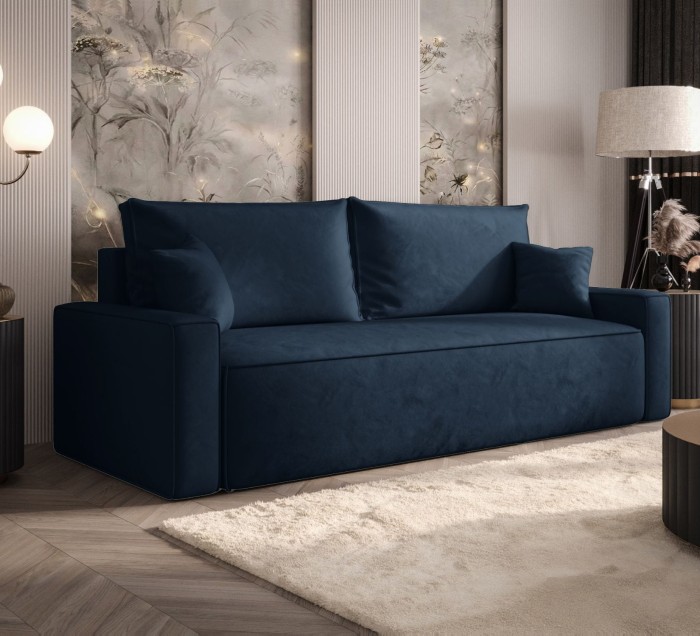 Sofa rozkładana 3-osobowa Rome granatowa – kanapa z funkcją spania i pojemnikiem, tkanina welur