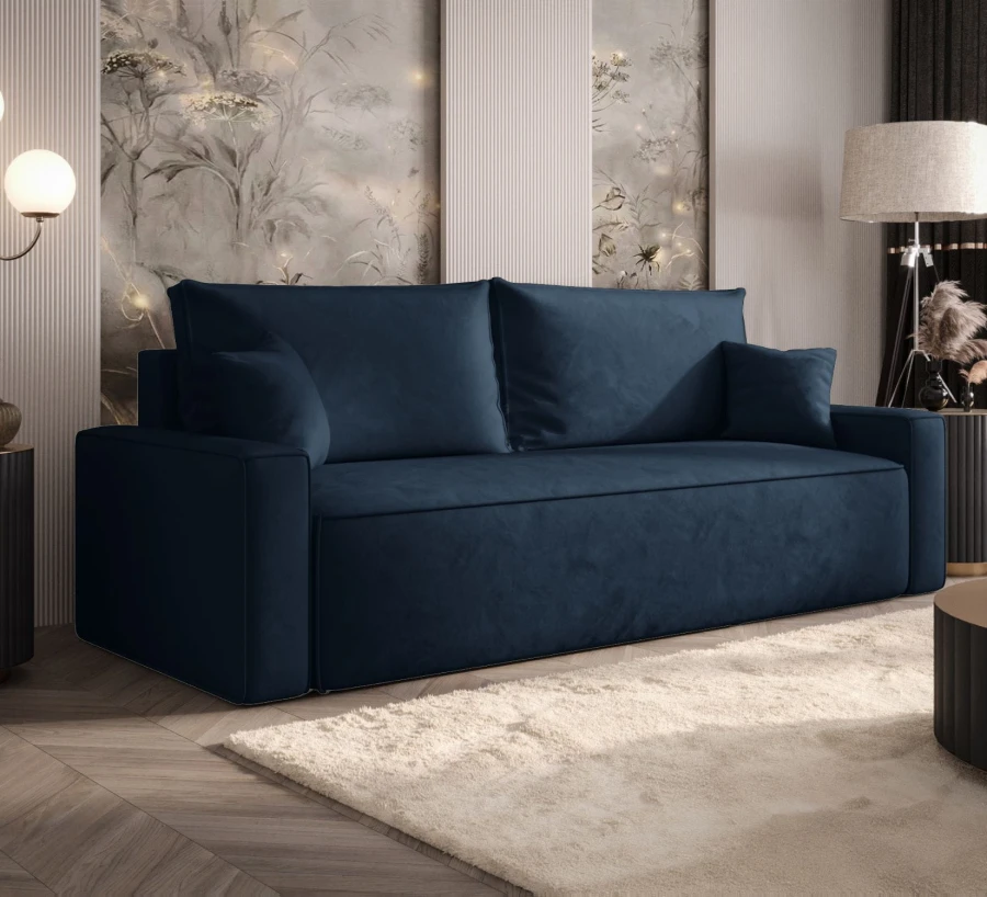 Sofa rozkładana 3-osobowa Rome granatowa – kanapa z funkcją spania i pojemnikiem, tkanina welur