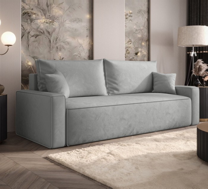 Sofa rozkładana 3-osobowa Rome szara – kanapa z funkcją spania i pojemnikiem, tkanina welur