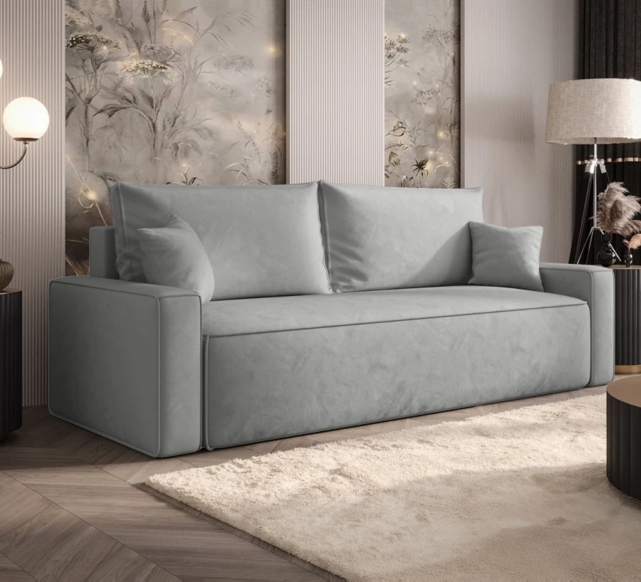 Sofa rozkładana 3-osobowa Rome szara – kanapa z funkcją spania i pojemnikiem, tkanina welur