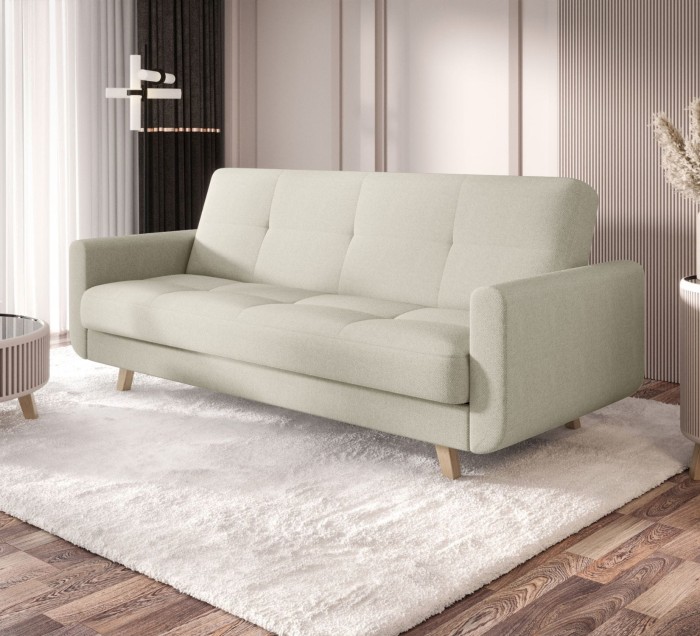 Jasnobeżowa sofa rozkładana Milo w salonie – nowoczesna kanapa z funkcją spania