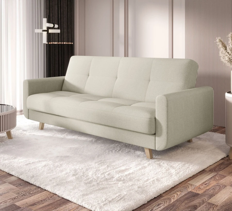 Jasnobeżowa sofa rozkładana Milo w salonie – nowoczesna kanapa z funkcją spania