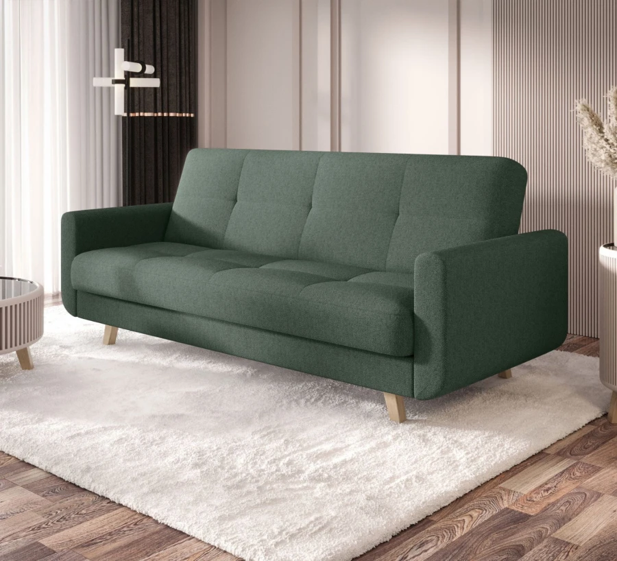 Ciemnozielona sofa rozkładana Milo w salonie – nowoczesna kanapa z funkcją spania