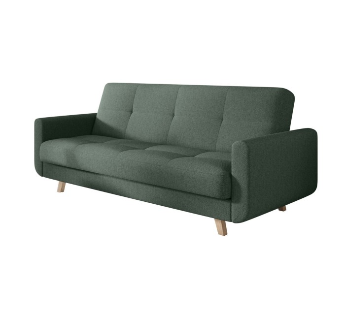 Ciemnozielona sofa rozkładana Milo w salonie – nowoczesna kanapa z funkcją spania