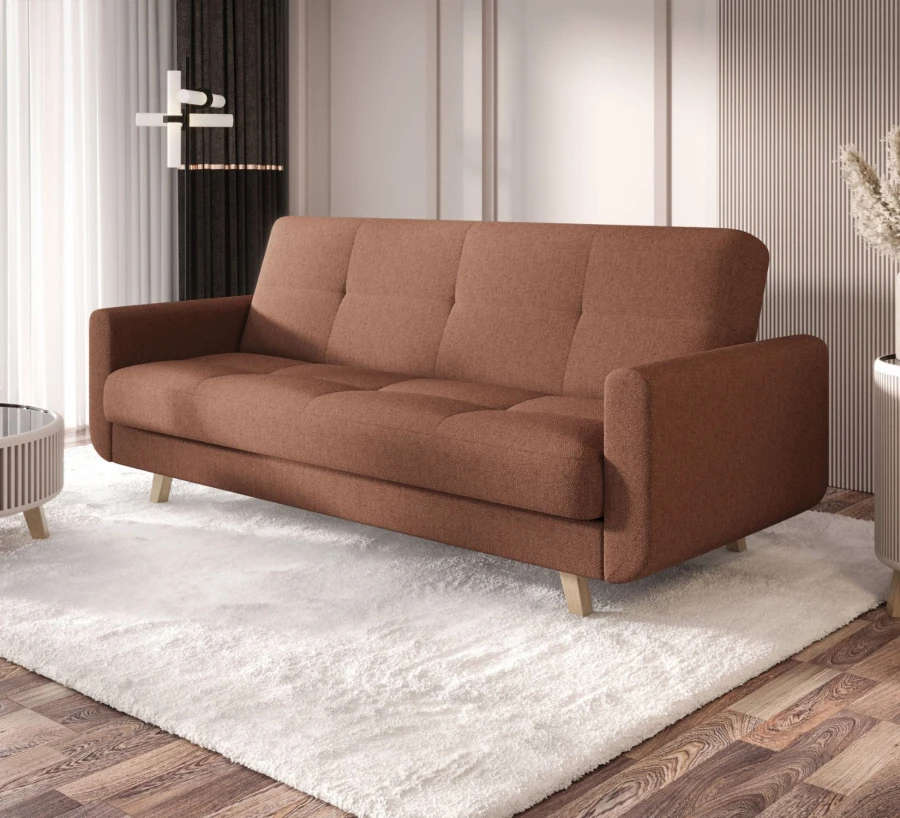 Miedziana sofa rozkładana Milo w salonie – nowoczesna kanapa z funkcją spania