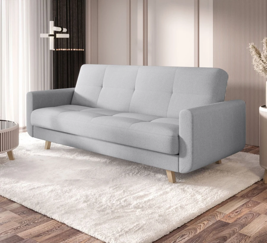 Jasnoszara sofa rozkładana Milo w salonie – nowoczesna kanapa z funkcją spania