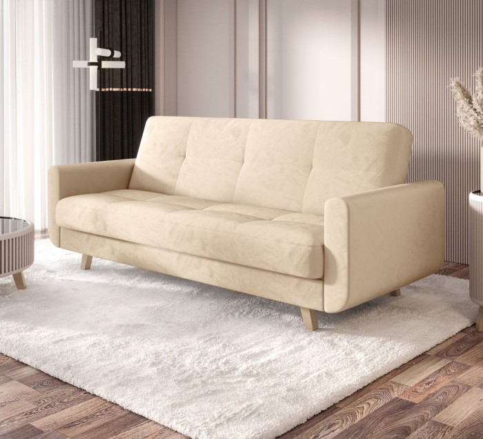 Jasnobeżowa sofa rozkładana Milo w salonie – nowoczesna kanapa z funkcją spania