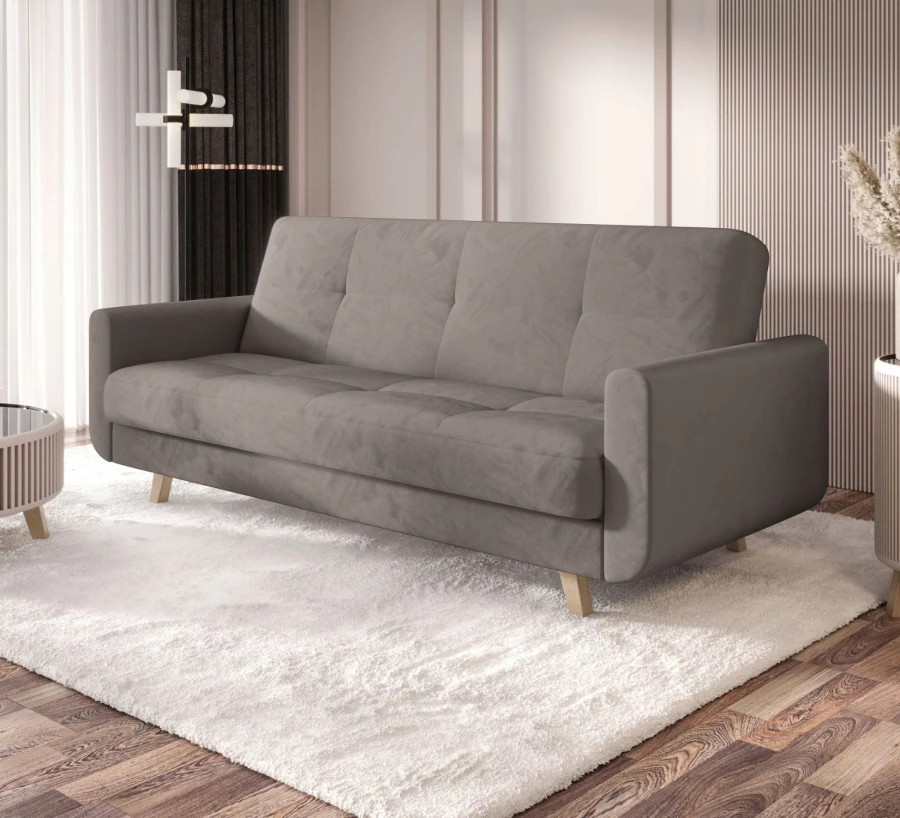 Brązowa sofa rozkładana Milo w salonie – nowoczesna kanapa z funkcją spania