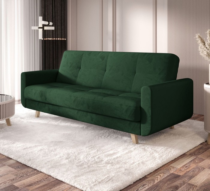 Ciemnozielona sofa rozkładana Milo w salonie – nowoczesna kanapa z funkcją spania