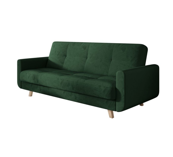 Ciemnozielona sofa rozkładana Milo w salonie – nowoczesna kanapa z funkcją spania