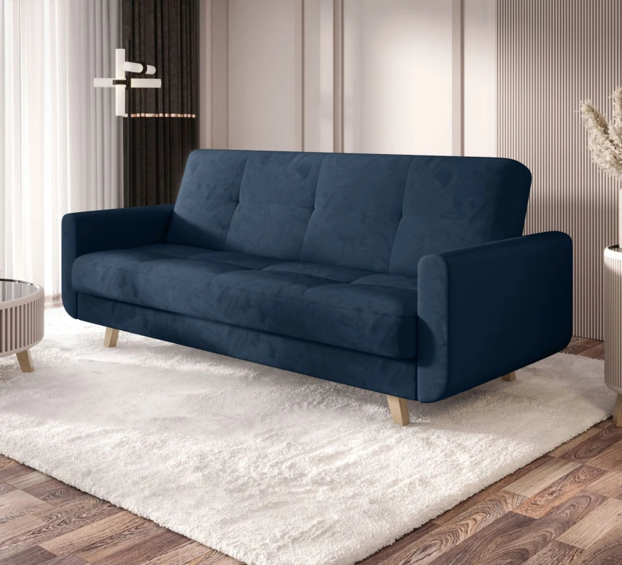Granatowa sofa rozkładana Milo w salonie – nowoczesna kanapa z funkcją spania