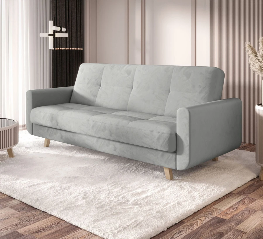 Szara sofa rozkładana Milo w salonie – nowoczesna kanapa z funkcją spania